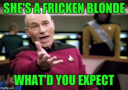 Picard Wtf Meme | SHE'S A FRICKEN BLONDE WHAT'D YOU EXPECT | image tagged in memes,picard wtf | made w/ Imgflip meme maker