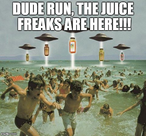 When you travel trillions of miles to offer free samples of an innovative product and they just won't have it | DUDE RUN, THE JUICE FREAKS ARE HERE!!! | image tagged in juice,orange juice,aliens,memes,salesman | made w/ Imgflip meme maker
