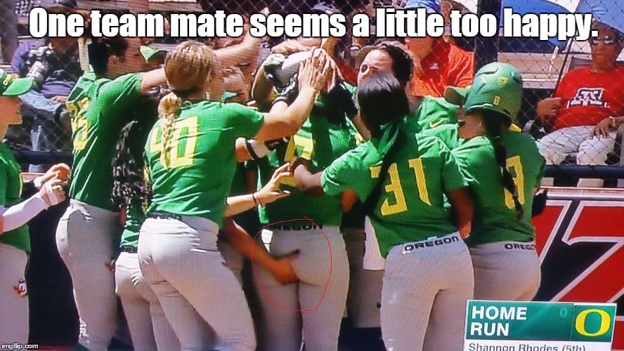 Nice glove. | One team mate seems a little too happy. | image tagged in grabbing,funny,girls,softball,score | made w/ Imgflip meme maker