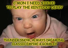 Kentucky derby | C'MON I NEED $100.00 TO PLAY THE KENTUCKY DERBY; THUNDER SNOW, ALWAYS DREAMING, CLASSIC EMPIRE & GORMLEY | image tagged in kentucky derby | made w/ Imgflip meme maker