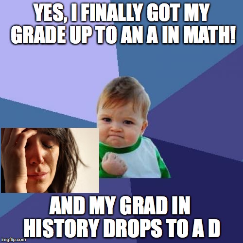 Success Kid | YES, I FINALLY GOT MY GRADE UP TO AN A IN MATH! AND MY GRAD IN HISTORY DROPS TO A D | image tagged in memes,success kid | made w/ Imgflip meme maker
