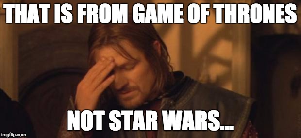 Boromir facepalm | THAT IS FROM GAME OF THRONES; NOT STAR WARS... | image tagged in boromir facepalm | made w/ Imgflip meme maker