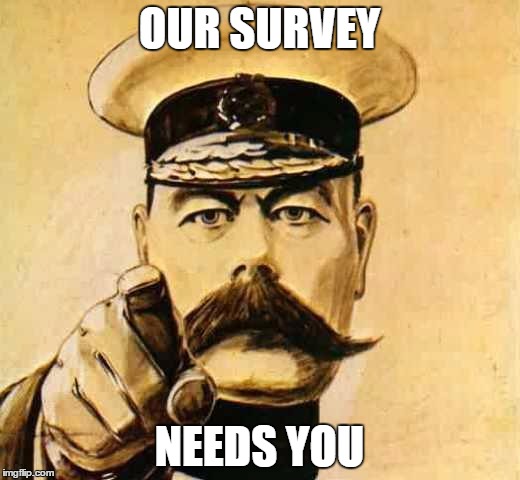 Your Country Needs YOU | OUR SURVEY; NEEDS YOU | image tagged in your country needs you | made w/ Imgflip meme maker