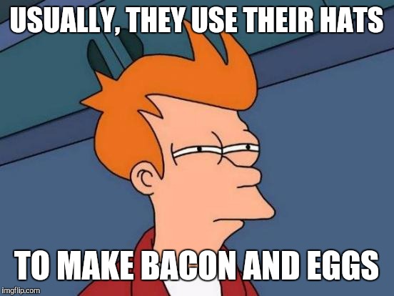 Futurama Fry Meme | USUALLY, THEY USE THEIR HATS TO MAKE BACON AND EGGS | image tagged in memes,futurama fry | made w/ Imgflip meme maker