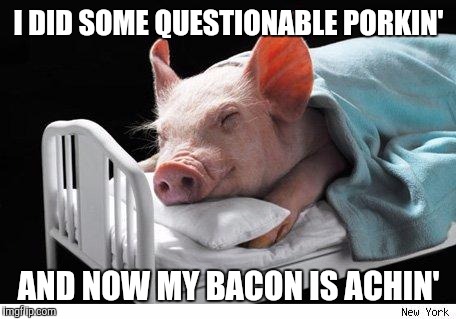 Sleeping Pig | I DID SOME QUESTIONABLE PORKIN'; AND NOW MY BACON IS ACHIN' | image tagged in sleeping pig | made w/ Imgflip meme maker