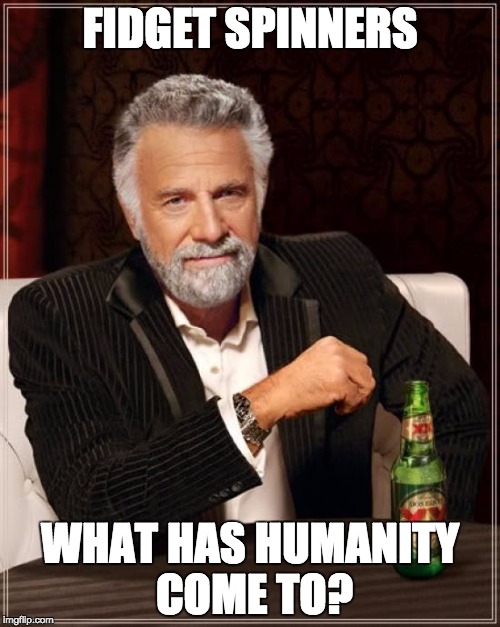 The Most Interesting Man In The World | FIDGET SPINNERS; WHAT HAS HUMANITY COME TO? | image tagged in memes,the most interesting man in the world | made w/ Imgflip meme maker