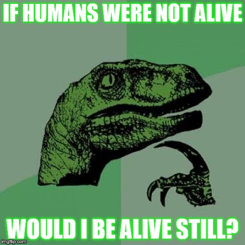 Philosoraptor | IF HUMANS WERE NOT ALIVE; WOULD I BE ALIVE STILL? | image tagged in memes,philosoraptor | made w/ Imgflip meme maker