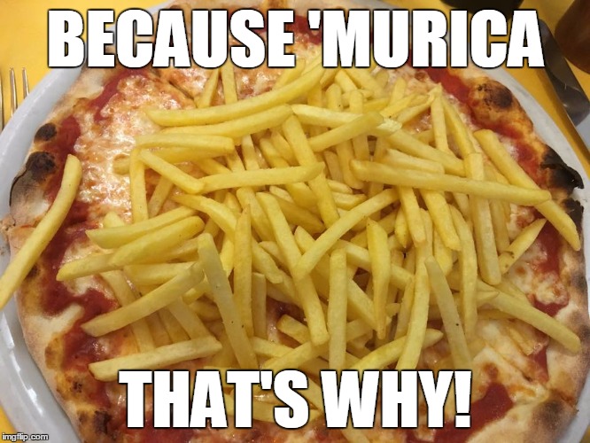 If you have to ask, you just don't get it. | BECAUSE 'MURICA; THAT'S WHY! | image tagged in freedom in murica,pizza boys here baby,french fries | made w/ Imgflip meme maker