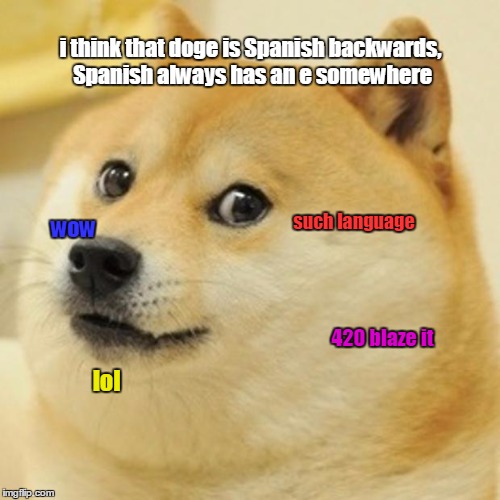 Doge Meme | i think that doge is Spanish backwards, Spanish always has an e somewhere; such language; wow; 420 blaze it; lol | image tagged in memes,doge | made w/ Imgflip meme maker