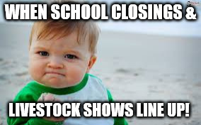 Evil toddler tax | WHEN SCHOOL CLOSINGS &; LIVESTOCK SHOWS LINE UP! | image tagged in evil toddler tax | made w/ Imgflip meme maker