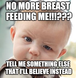 Skeptical Baby Meme | NO MORE BREAST FEEDING ME!!!??? TELL ME SOMETHING ELSE THAT I'LL BELIEVE INSTEAD | image tagged in memes,skeptical baby | made w/ Imgflip meme maker
