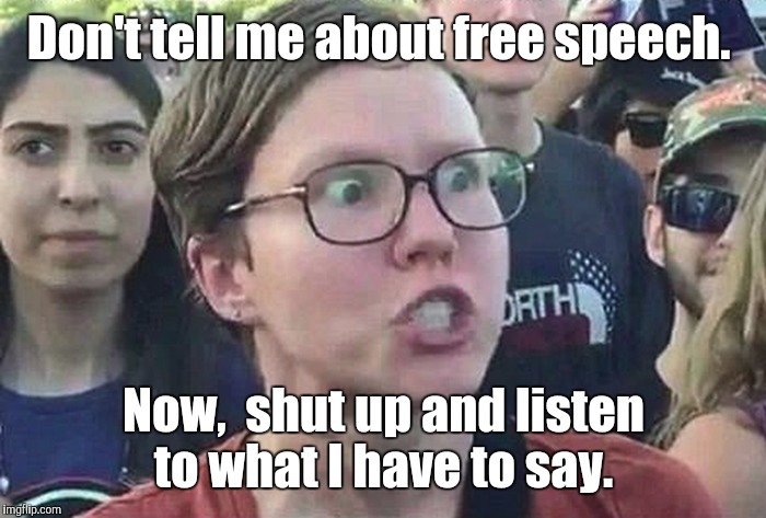 1b8nc8.jpg | Don't tell me about free speech. Now,  shut up and listen to what I have to say. | image tagged in 1b8nc8jpg | made w/ Imgflip meme maker