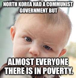 Skeptical Baby Meme | NORTH KOREA HAD A COMMUNIST GOVERNMENT BUT; ALMOST EVERYONE THERE IS IN POVERTY. | image tagged in memes,skeptical baby | made w/ Imgflip meme maker