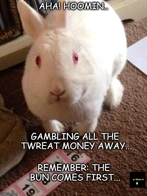 Gambling | AHA! HOOMIN.. GAMBLING ALL THE TWREAT MONEY AWAY... REMEMBER: THE BUN COMES FIRST... | image tagged in memes | made w/ Imgflip meme maker