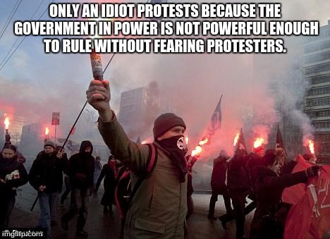 protest | ONLY AN IDIOT PROTESTS BECAUSE THE GOVERNMENT IN POWER IS NOT POWERFUL ENOUGH TO RULE WITHOUT FEARING PROTESTERS. | image tagged in protest | made w/ Imgflip meme maker