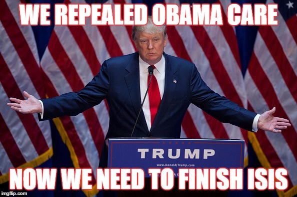 Donald Trump | WE REPEALED OBAMA CARE; NOW WE NEED TO FINISH ISIS | image tagged in donald trump | made w/ Imgflip meme maker
