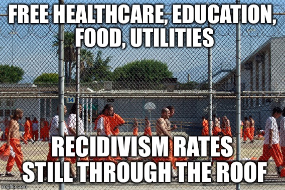 Ass Enders  | FREE HEALTHCARE, EDUCATION, FOOD, UTILITIES; RECIDIVISM RATES STILL THROUGH THE ROOF | image tagged in prison,ass,crime,rehab,california,welfare | made w/ Imgflip meme maker