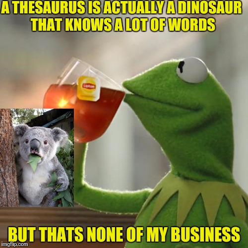 But That's None Of My Business Meme | A THESAURUS IS ACTUALLY A DINOSAUR THAT KNOWS A LOT OF WORDS; BUT THATS NONE OF MY BUSINESS | image tagged in memes,but thats none of my business,kermit the frog | made w/ Imgflip meme maker