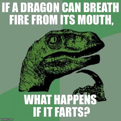 Philosoraptor | IF A DRAGON CAN BREATH FIRE FROM ITS MOUTH, WHAT HAPPENS IF IT FARTS? | image tagged in memes,philosoraptor | made w/ Imgflip meme maker