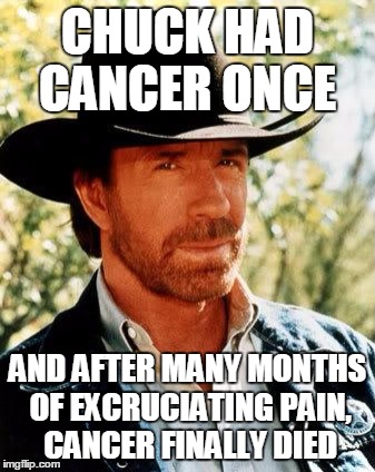 Chuck Norris Meme | CHUCK HAD CANCER ONCE; AND AFTER MANY MONTHS OF EXCRUCIATING PAIN, CANCER FINALLY DIED | image tagged in memes,chuck norris | made w/ Imgflip meme maker