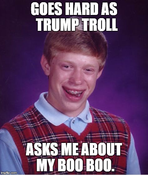 Bad Luck Brian | GOES HARD AS  TRUMP TROLL; ASKS ME ABOUT MY BOO BOO. | image tagged in memes,bad luck brian,trump troll,donad trump | made w/ Imgflip meme maker