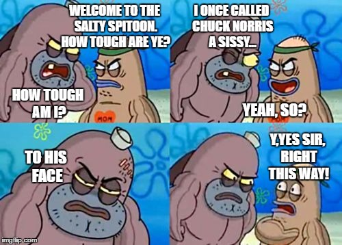 That's not tough, it's just stupid lol | WELCOME TO THE SALTY SPITOON. HOW TOUGH ARE YE? I ONCE CALLED CHUCK NORRIS A SISSY... HOW TOUGH AM I? YEAH, SO? Y,YES SIR, RIGHT THIS WAY! TO HIS FACE | image tagged in memes,how tough are you,chuck norris week,chuck norris,jbmemegeek | made w/ Imgflip meme maker