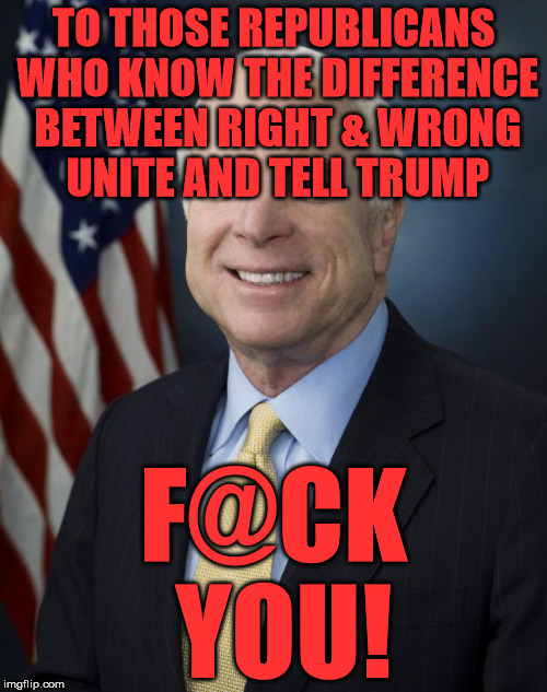 John McCain | TO THOSE REPUBLICANS WHO KNOW THE DIFFERENCE BETWEEN RIGHT & WRONG UNITE AND TELL TRUMP; F@CK YOU! | image tagged in john mccain | made w/ Imgflip meme maker