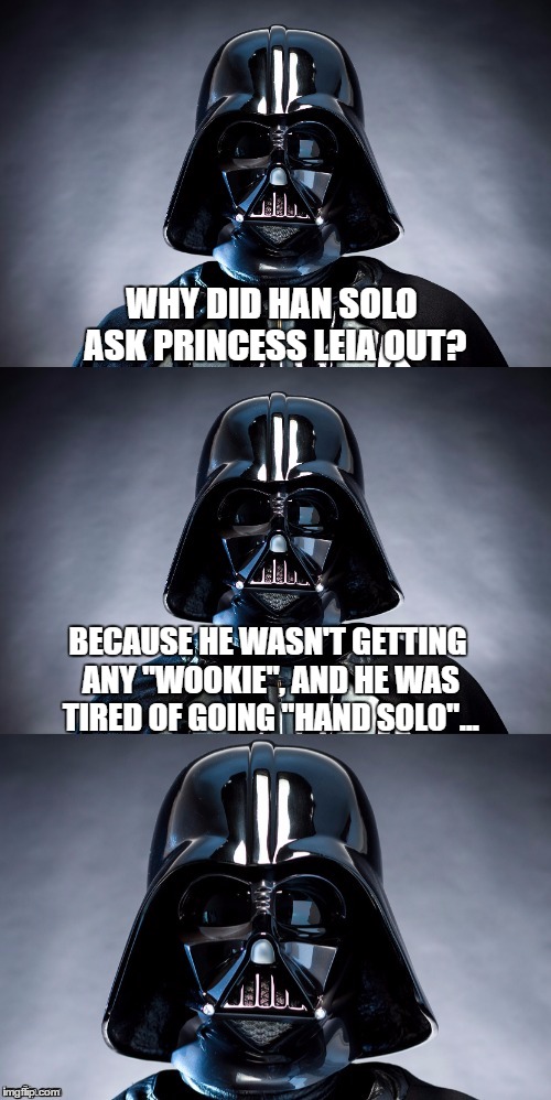 Apparently Han wanted to Leia... | WHY DID HAN SOLO ASK PRINCESS LEIA OUT? BECAUSE HE WASN'T GETTING ANY "WOOKIE", AND HE WAS TIRED OF GOING "HAND SOLO"... | image tagged in bad pun vader,star wars,star wars week,jbmemegeek,darth vader,han solo | made w/ Imgflip meme maker