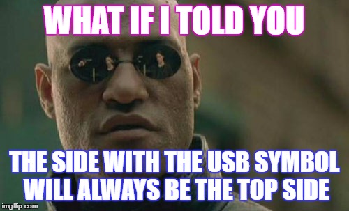 Matrix Morpheus | WHAT IF I TOLD YOU; THE SIDE WITH THE USB SYMBOL WILL ALWAYS BE THE TOP SIDE | image tagged in memes,matrix morpheus | made w/ Imgflip meme maker