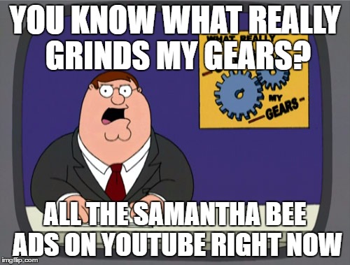 Peter Griffin News Meme | YOU KNOW WHAT REALLY GRINDS MY GEARS? ALL THE SAMANTHA BEE ADS ON YOUTUBE RIGHT NOW | image tagged in memes,peter griffin news | made w/ Imgflip meme maker