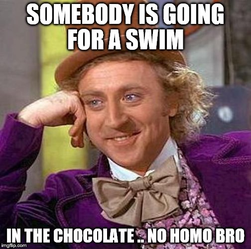 Creepy Condescending Wonka | SOMEBODY IS GOING FOR A SWIM; IN THE CHOCOLATE .. NO HOMO BRO | image tagged in memes,creepy condescending wonka | made w/ Imgflip meme maker