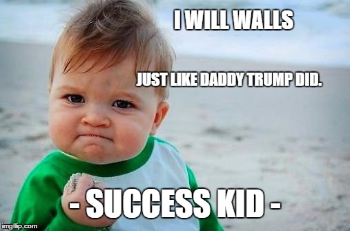 Victory Baby | I WILL WALLS; JUST LIKE DADDY TRUMP DID. - SUCCESS KID - | image tagged in victory baby | made w/ Imgflip meme maker