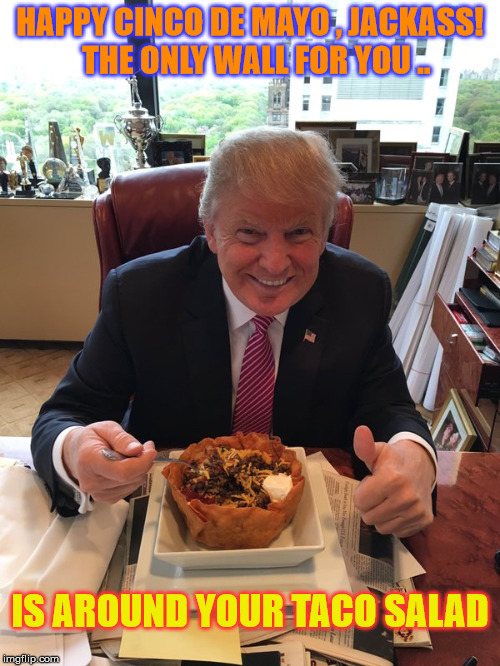 Mex-i-con Don | HAPPY CINCO DE MAYO , JACKASS!  THE ONLY WALL FOR YOU .. IS AROUND YOUR TACO SALAD | image tagged in donald trump | made w/ Imgflip meme maker