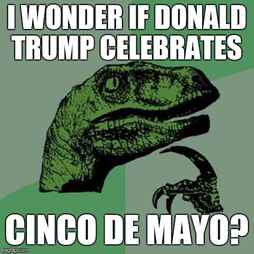 Philosoraptor | I WONDER IF DONALD TRUMP CELEBRATES; CINCO DE MAYO? | image tagged in memes,philosoraptor | made w/ Imgflip meme maker