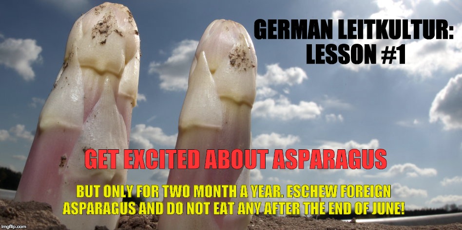 German Leitkultur Lesson 1 | GERMAN LEITKULTUR: LESSON #1; GET EXCITED ABOUT ASPARAGUS; BUT ONLY FOR TWO MONTH A YEAR. ESCHEW FOREIGN ASPARAGUS AND DO NOT EAT ANY AFTER THE END OF JUNE! | image tagged in germany,leitkultur,spargel,asparagus,debate | made w/ Imgflip meme maker