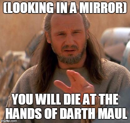 Jedi Mind Trick | (LOOKING IN A MIRROR); YOU WILL DIE AT THE HANDS OF DARTH MAUL | image tagged in jedi mind trick | made w/ Imgflip meme maker