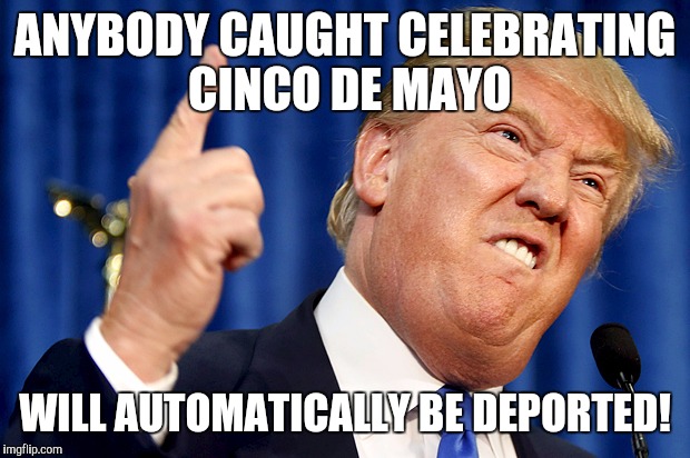 Donald Trump | ANYBODY CAUGHT CELEBRATING CINCO DE MAYO; WILL AUTOMATICALLY BE DEPORTED! | image tagged in donald trump | made w/ Imgflip meme maker