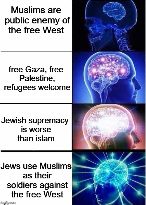 Expanding Brain | Muslims are public enemy of the free West; free Gaza, free Palestine, refugees welcome; Jewish supremacy is worse than islam; Jews use Muslims as their soldiers against the free West | image tagged in expanding brain | made w/ Imgflip meme maker