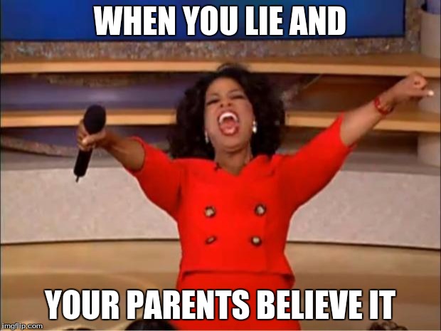 Oprah You Get A Meme | WHEN YOU LIE AND; YOUR PARENTS BELIEVE IT | image tagged in memes,oprah you get a | made w/ Imgflip meme maker