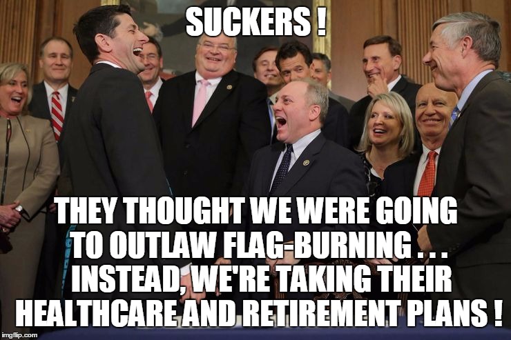 SUCKERS ! THEY THOUGHT WE WERE GOING TO OUTLAW FLAG-BURNING . . .  INSTEAD, WE'RE TAKING THEIR HEALTHCARE AND RETIREMENT PLANS ! | image tagged in politics | made w/ Imgflip meme maker