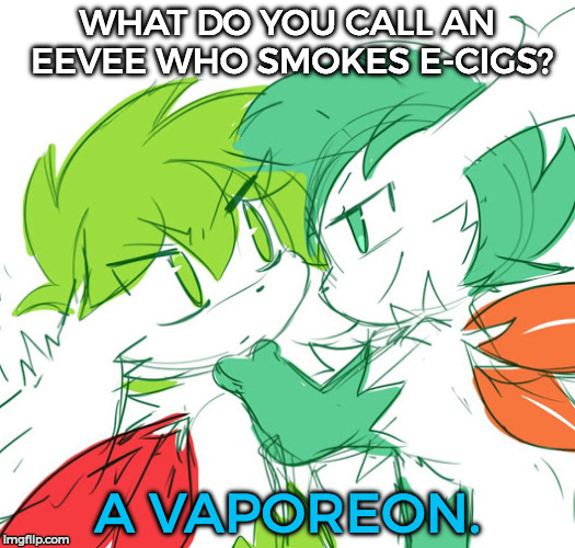 We get it, shaymin. It vapes. - Pokemon Week (an AsrielDreemerr Event) | WHAT DO YOU CALL AN EEVEE WHO SMOKES E-CIGS? A VAPOREON. | image tagged in bad pun shaymin,funny,memes,pokemon week,shaymin | made w/ Imgflip meme maker