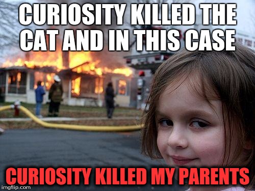 Disaster Girl Meme | CURIOSITY KILLED THE CAT AND IN THIS CASE; CURIOSITY KILLED MY PARENTS | image tagged in memes,disaster girl | made w/ Imgflip meme maker
