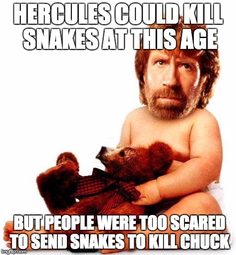 hercules v chuck...+...Chuck Norris Week ... A Sir_Unknown Event | HERCULES COULD KILL SNAKES AT THIS AGE; BUT PEOPLE WERE TOO SCARED TO SEND SNAKES TO KILL CHUCK | image tagged in chuck norris,chuck norris week,snakes,iwillkill | made w/ Imgflip meme maker