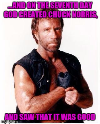 Chuck Norris Flex | ...AND ON THE SEVENTH DAY GOD CREATED CHUCK NORRIS, AND SAW THAT IT WAS GOOD | image tagged in memes,chuck norris flex,chuck norris | made w/ Imgflip meme maker