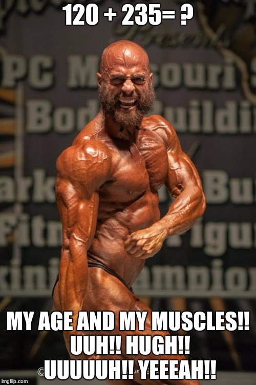 muscles | 120 + 235= ? MY AGE AND MY MUSCLES!! UUH!! HUGH!! UUUUUH!! YEEEAH!! | image tagged in muscles | made w/ Imgflip meme maker