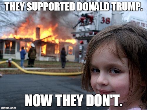 Disaster Girl | THEY SUPPORTED DONALD TRUMP. NOW THEY DON'T. | image tagged in memes,disaster girl | made w/ Imgflip meme maker