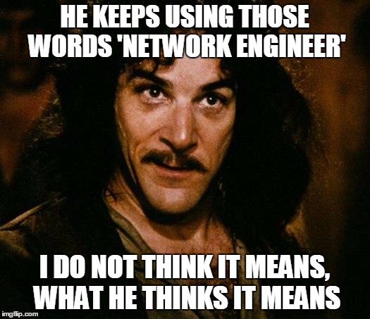 When your network engineer can't even spell engineer.. | HE KEEPS USING THOSE WORDS 'NETWORK ENGINEER'; I DO NOT THINK IT MEANS, WHAT HE THINKS IT MEANS | image tagged in memes,inigo montoya,it meme,network meme,network engineer meme | made w/ Imgflip meme maker