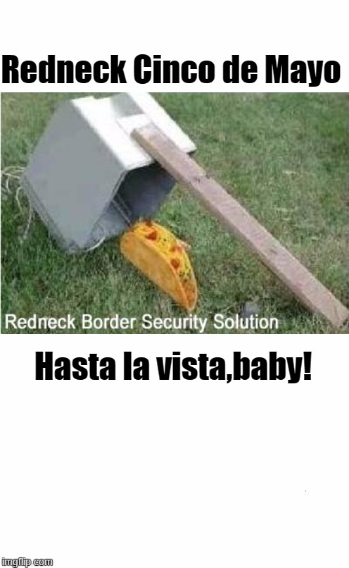 Redneck Cinco de Mayo | Redneck Cinco de Mayo; Hasta la vista,baby! | image tagged in hasta la vista baby,beaners,wetbacks | made w/ Imgflip meme maker