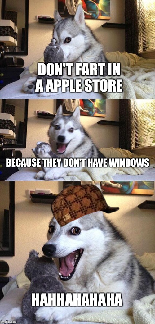 Bad Pun Dog | DON'T FART IN A APPLE STORE; BECAUSE THEY DON'T HAVE WINDOWS; HAHHAHAHAHA | image tagged in memes,bad pun dog,scumbag | made w/ Imgflip meme maker