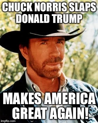 Feeling  the hand of chuck | CHUCK NORRIS SLAPS DONALD TRUMP; MAKES AMERICA GREAT AGAIN! | image tagged in memes,chuck norris,funny | made w/ Imgflip meme maker